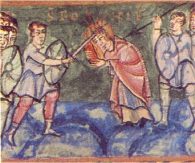 Miniatur: Die wohl früheste Darstellung des Bonifatius, 10. Jahrhundert, im Fuldaer Sacramentarium, heute in Udine in Italien (Quelle: Heiligenlexikon.de)